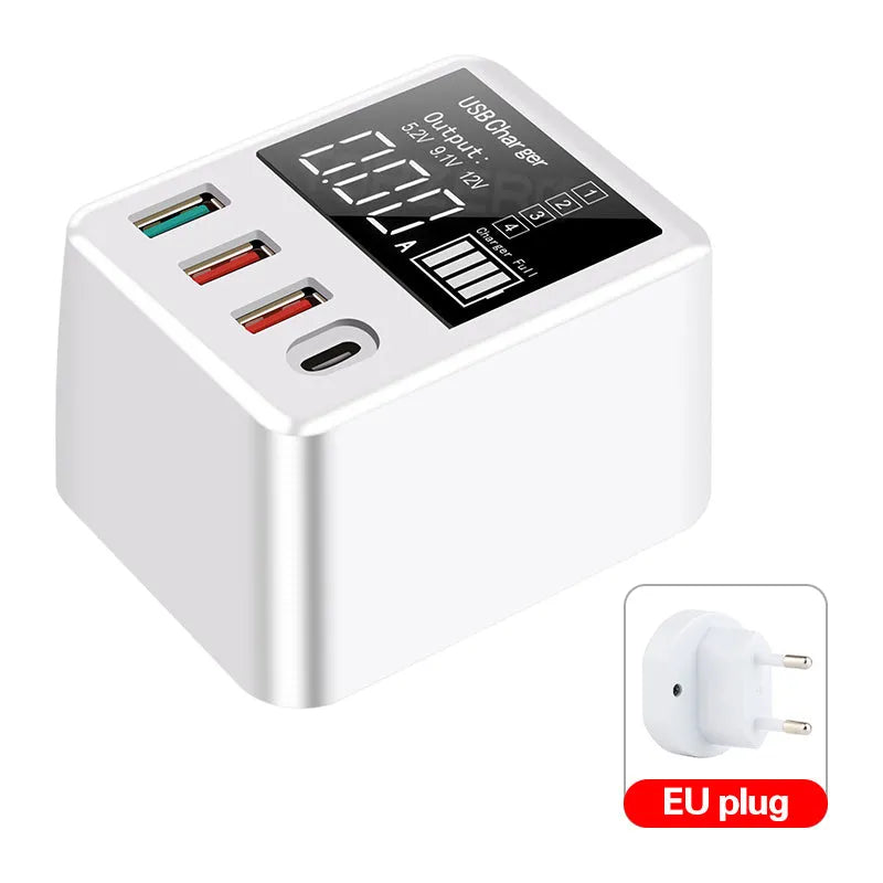 White 4-port USB travel charger with LED display, showing UK plug model