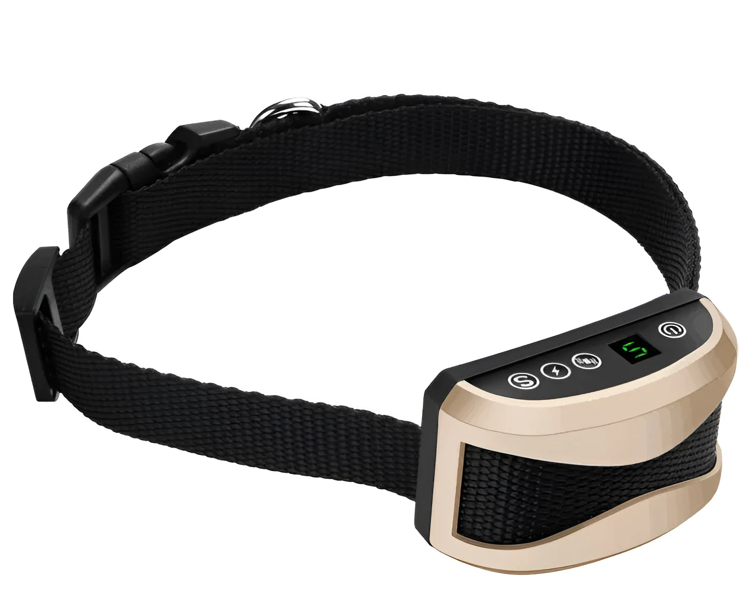 Electronic dog training bark collar with digital display and adjustable reflective nylon strap.