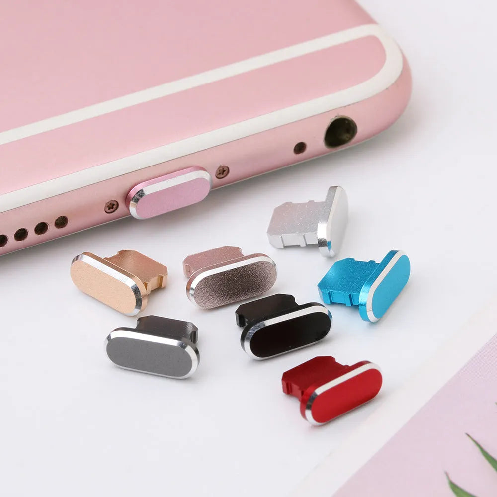 Aluminium alloy mobile phone charging port dust plug for iPhone, shown in a metallic colour.