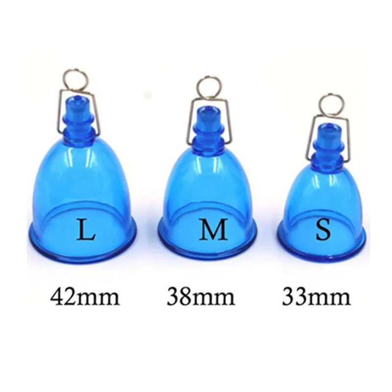 Blue silicone men's adult physical stretch exerciser shown in small, medium, and large size options