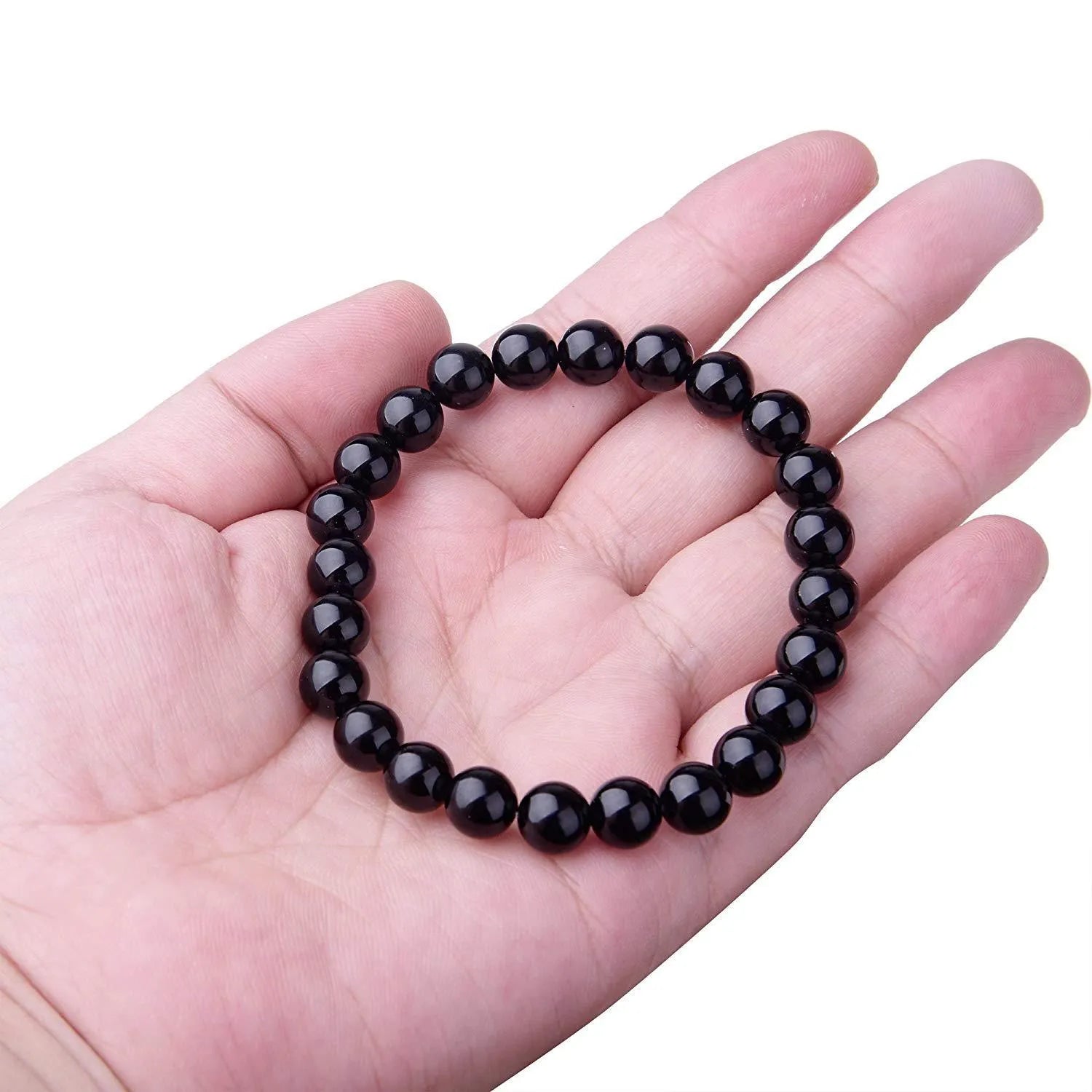 Black agate geometric stretch bracelet for women with 8mm beads