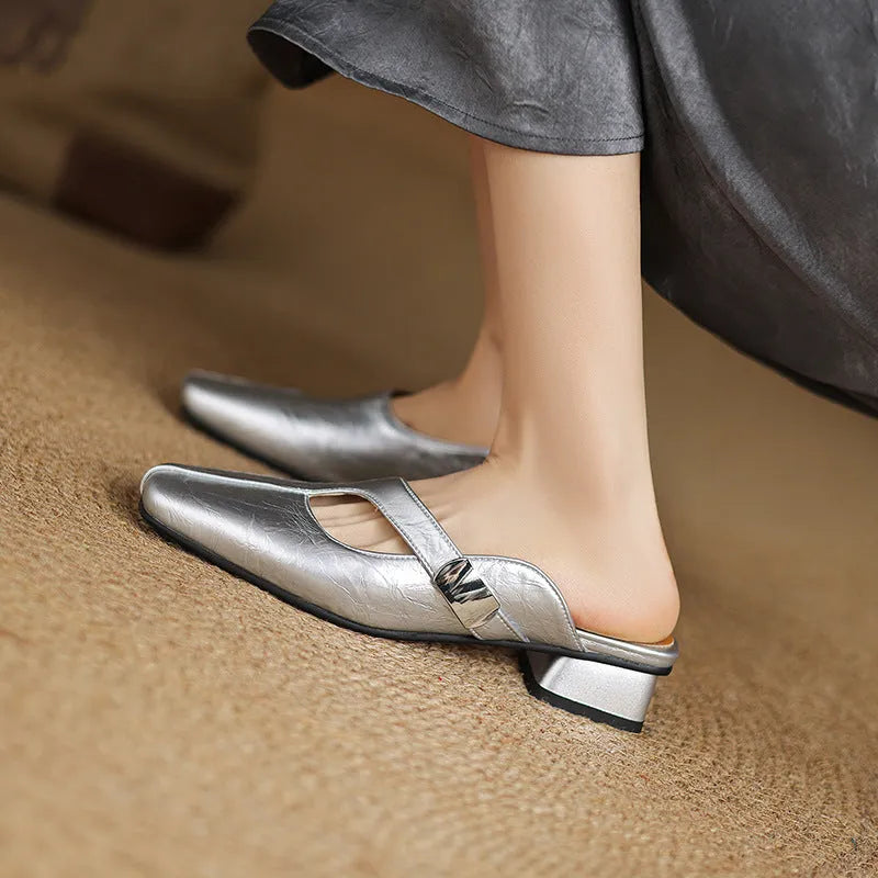 British style men's square toe outdoor slippers in black, beige, or silver with a rubber sole.
