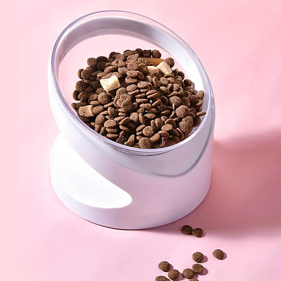 White elevated tilt cat food bowl made from clear durable plastic.