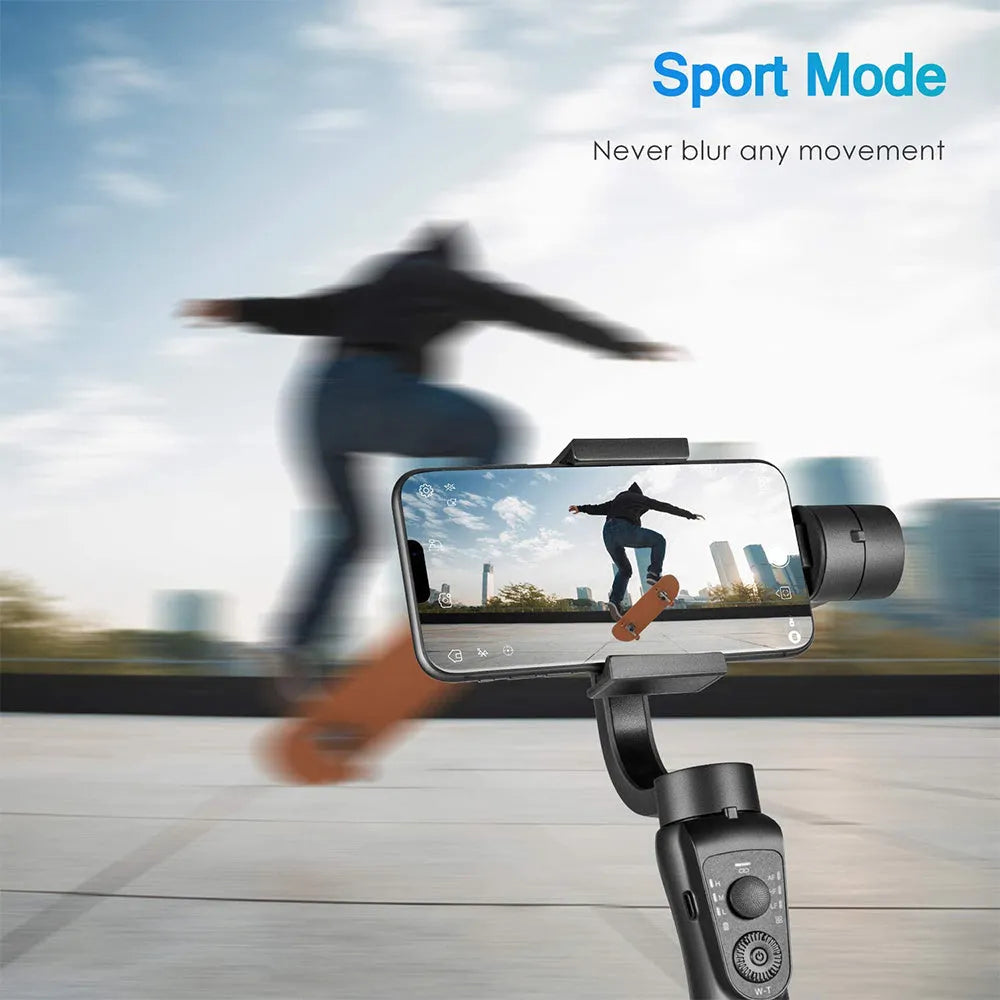 Black three-axis handheld gimbal stabilizer for mobile phones showing PTZ mechanism and handle