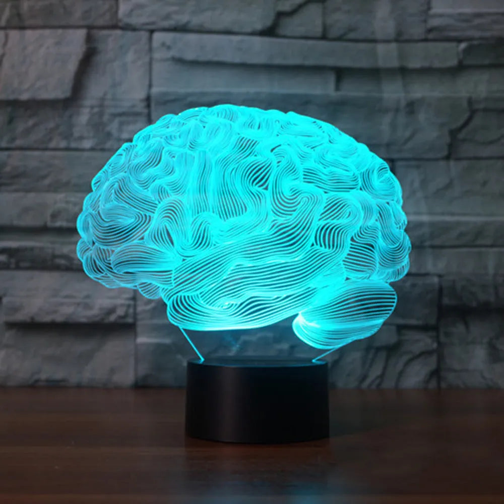Brain-shaped 3D illusion LED desk lamp with multicolour light projection on acrylic plate and remote control.