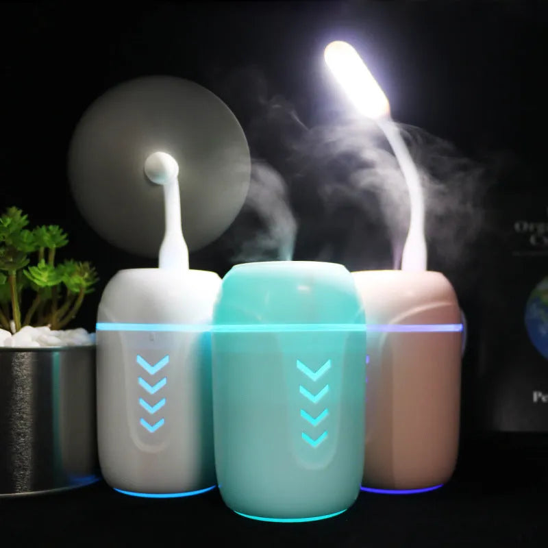 Blue portable car humidifier with USB cable and 200ml water tank capacity
