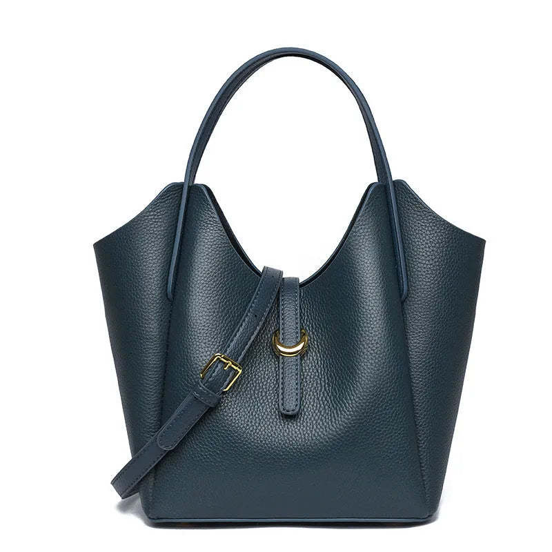 Genuine leather women's bucket handbag with file compartment in retro European style