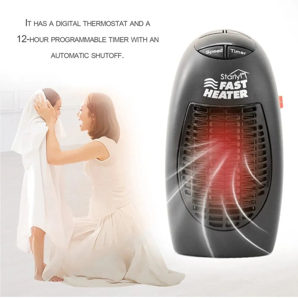 Black portable electric heater with digital display and rotating plug, measuring 8x7x16cm