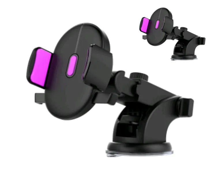 Yellow and black car phone holder with telescopic arm and suction cup mount on dashboard