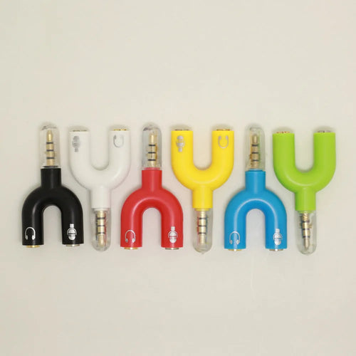 3.5mm audio splitter adapter showing gold-plated connector and six colour options