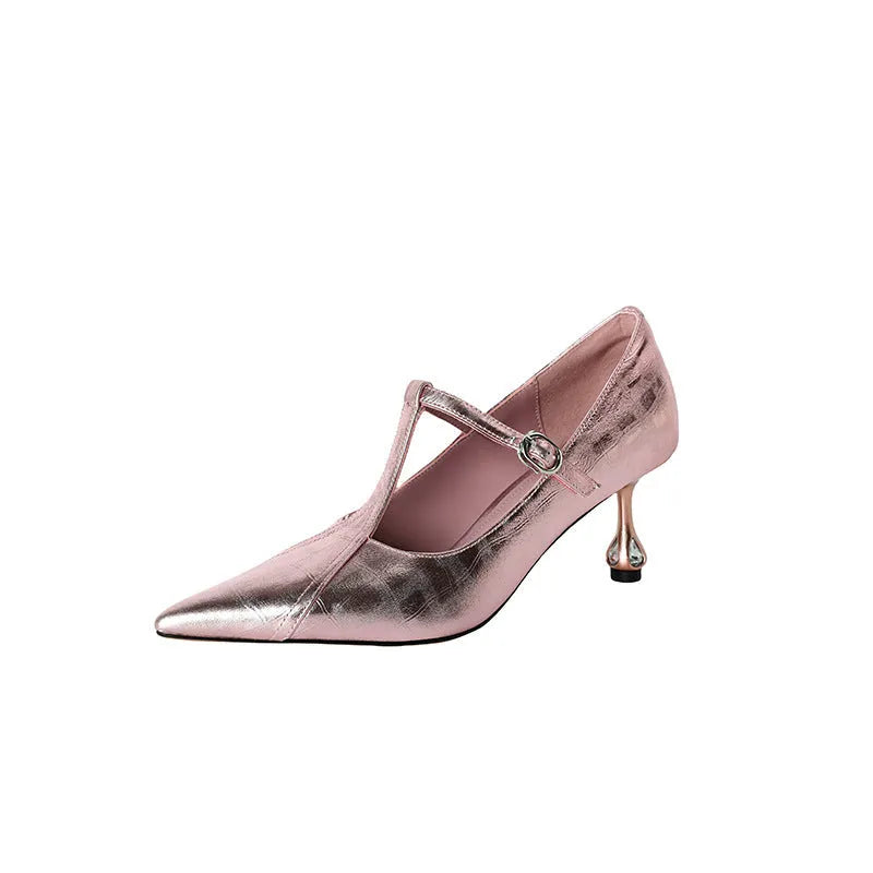 Women's genuine leather high heel shoes with chunky mid heel in gun colour and pink options