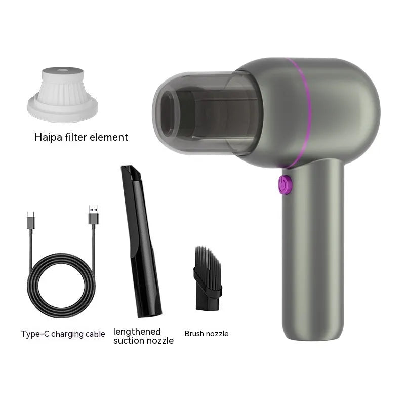 XC-06 grey portable car vacuum cleaner with brush and extended nozzles, 19cm handheld design