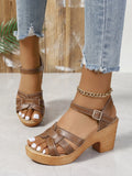 Plus size Roman women's peep toe sandals with chunky heel and ankle strap buckle in black