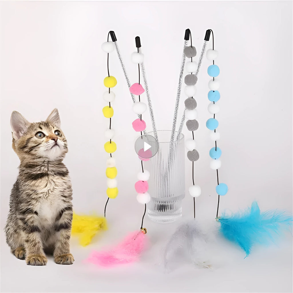 Grey, yellow, and blue cat teaser toy rod with feather, pompon, and bell measuring 31cm.
