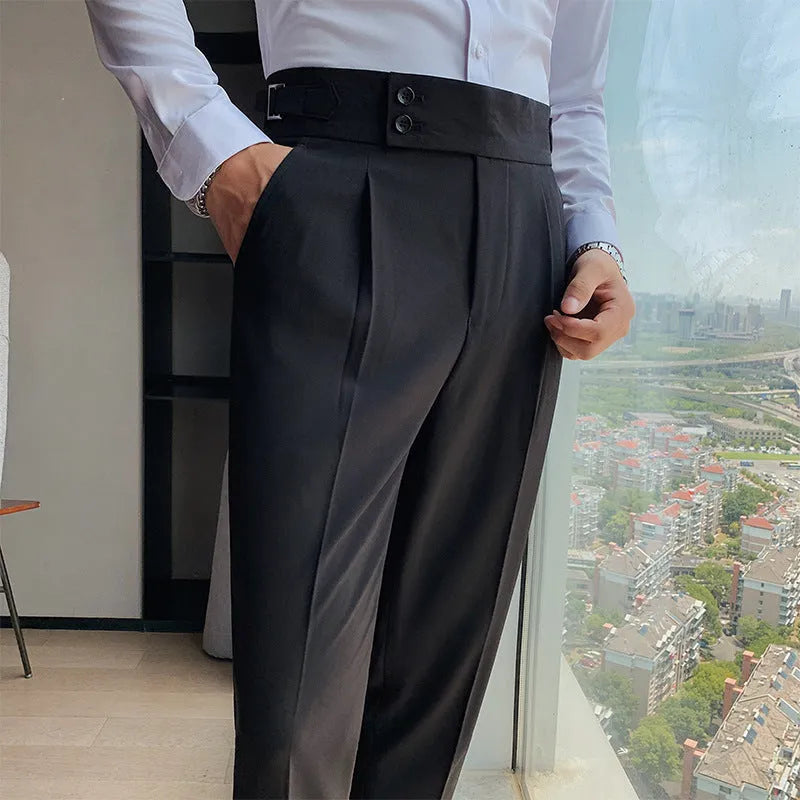 Men's straight-leg casual trousers in a solid colour on a hanger.