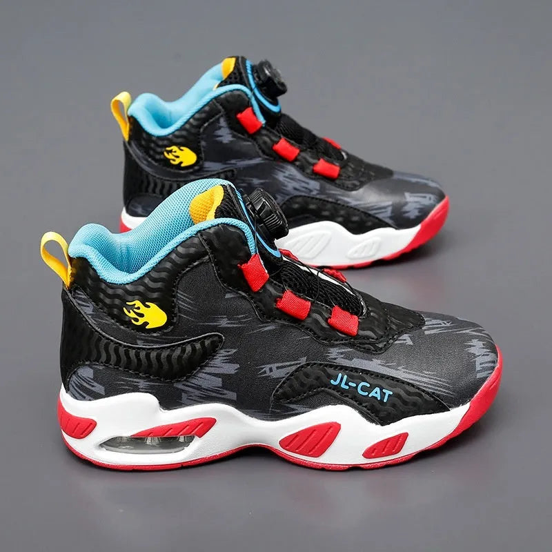 Children's basketball shoes with rotating button fastening in multiple colours, showing synthetic leather upper and PU sole