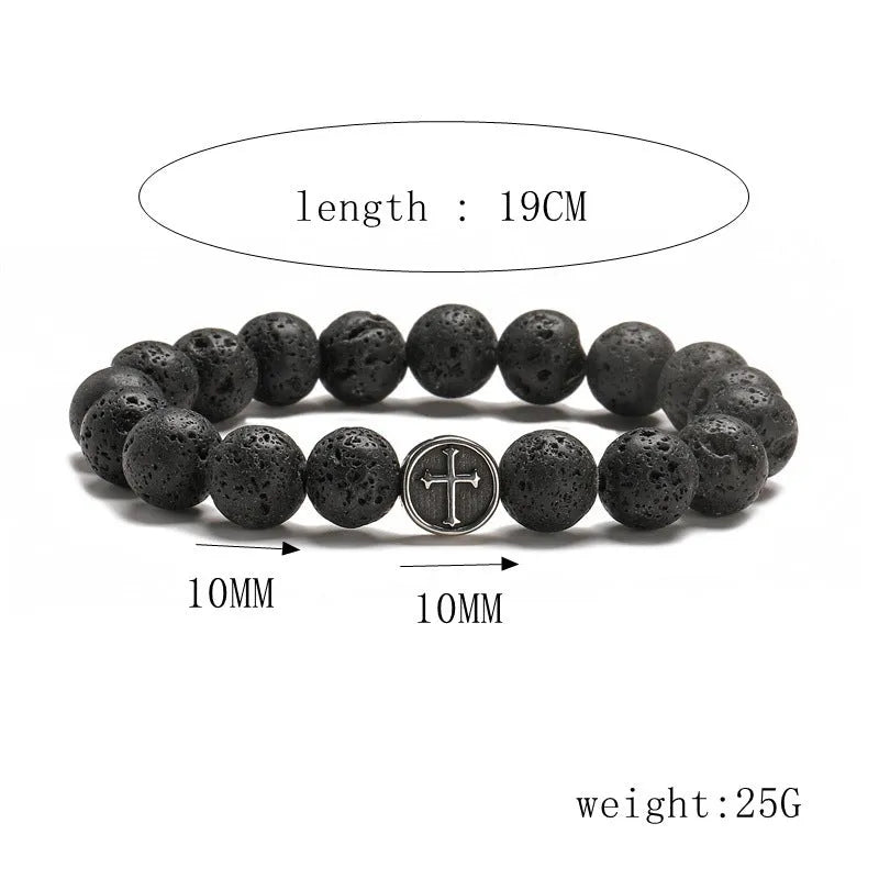 Geometric agate bracelet in volcanic rock colour with stainless steel finish, 10mm beads