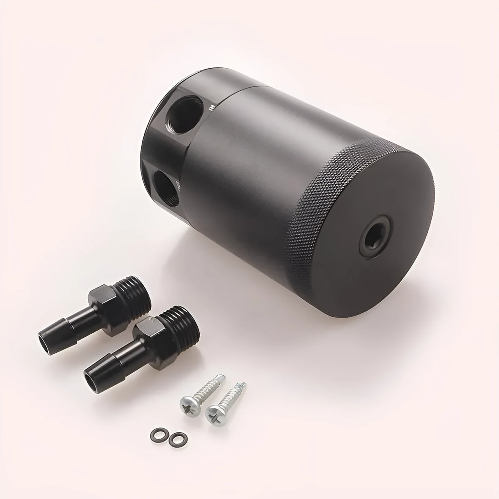 Black aluminium automotive machine oil pot with two ventilation holes and oil-free valve