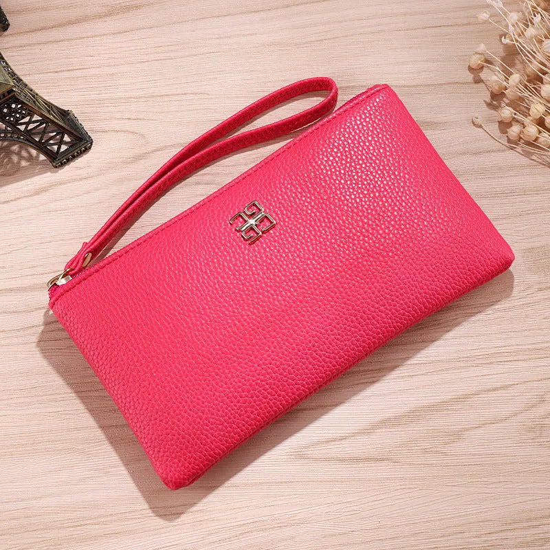Long 55-inch PU leather phone wallet handbag with zipper, shown in a choice of colours.