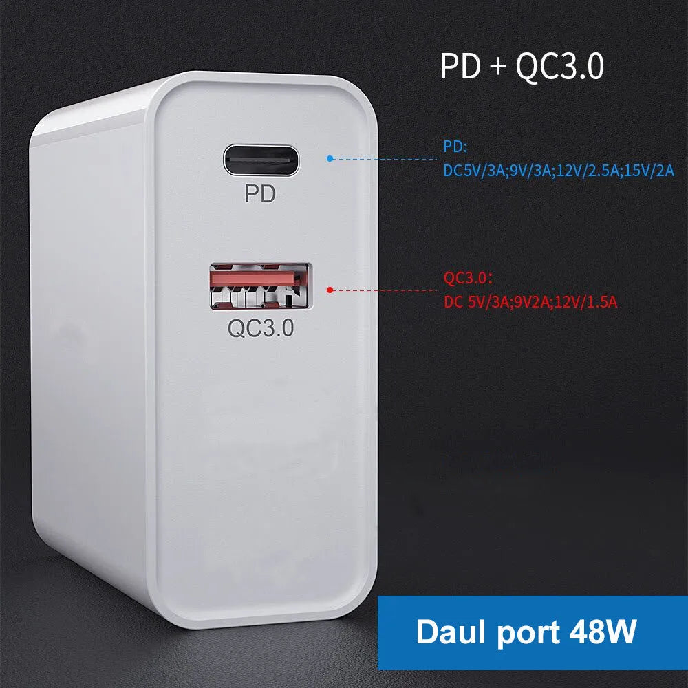 Multi-port USB fast charger with PD and QC technology in ABS plastic housing