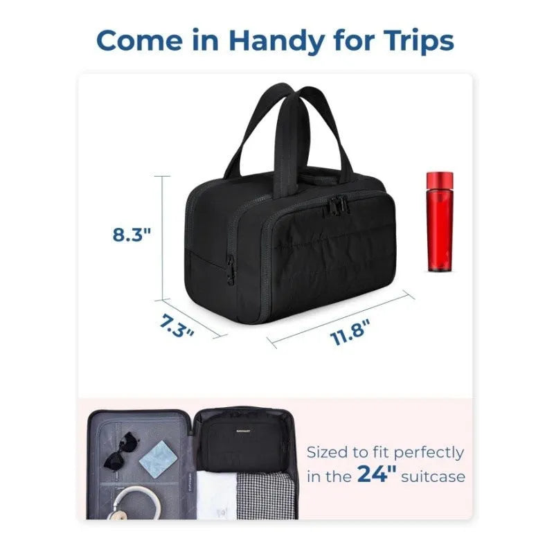 Lightweight large travel toiletry bag in a simple modern style with a wide opening.