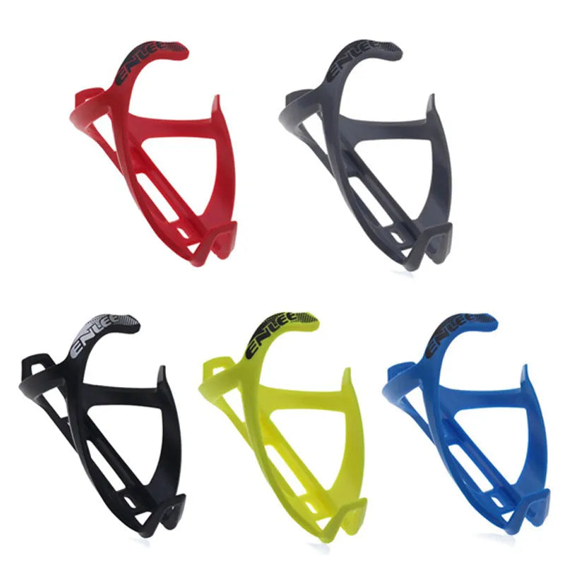 TPR plastic mountain bike water bottle cage in fluorescent yellow, mounted on a bike frame.