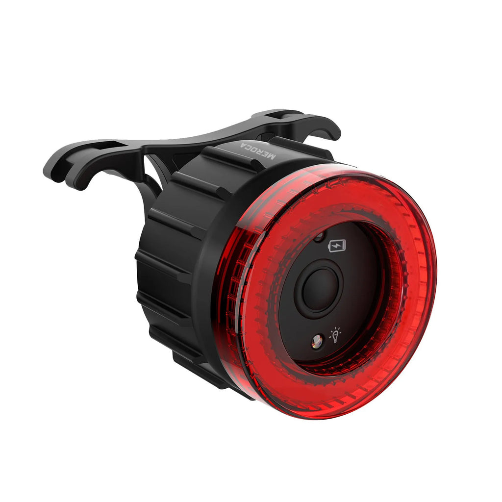 Black intelligent induction brake taillight for bicycles with aluminium alloy housing and dual mounting brackets