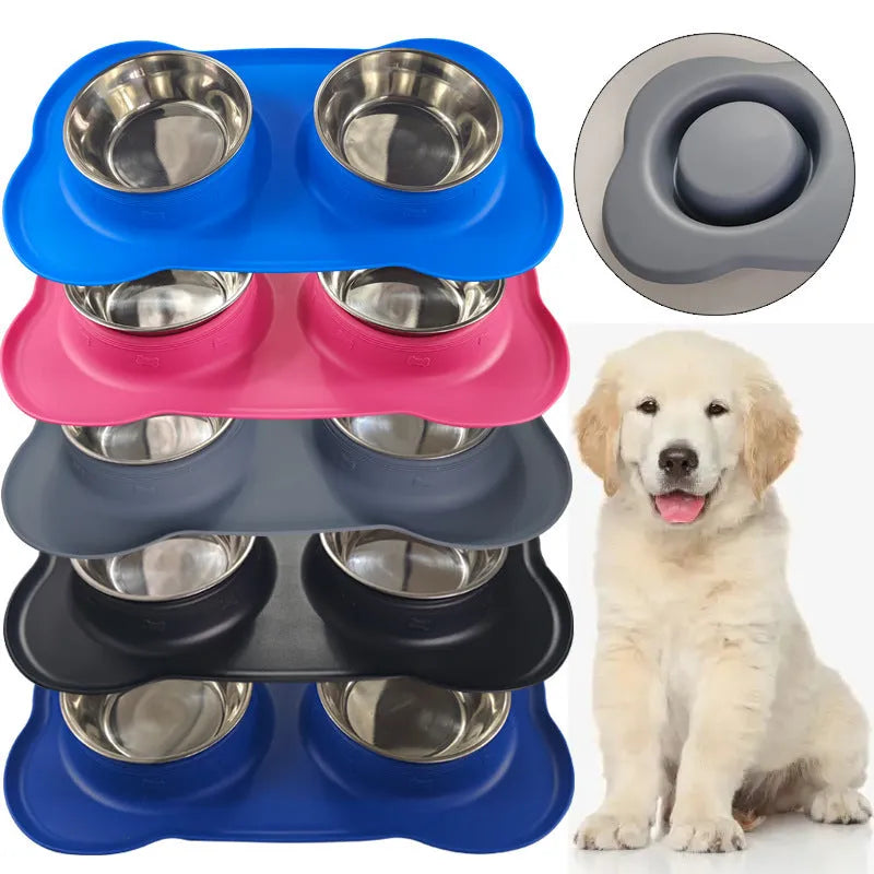 Large silicone dog bowl with stainless steel dish in blue colour on non-slip mat