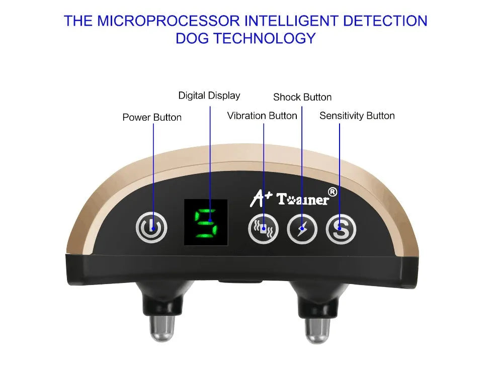 Electronic dog training bark collar with digital display and adjustable reflective nylon strap.