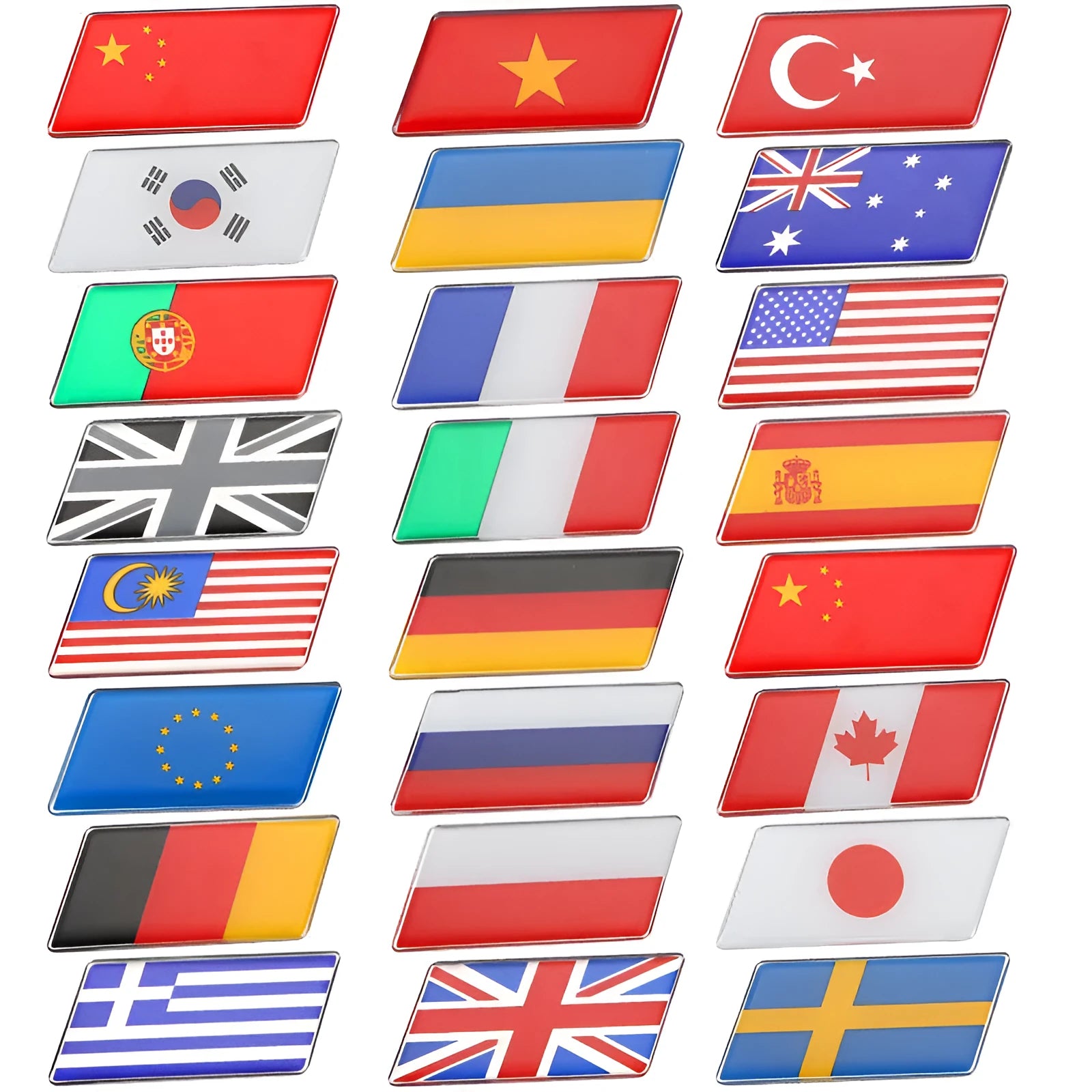 Aluminium national flag car sticker in parallelogram shape, 6.3cm by 3cm, on car rear bumper.