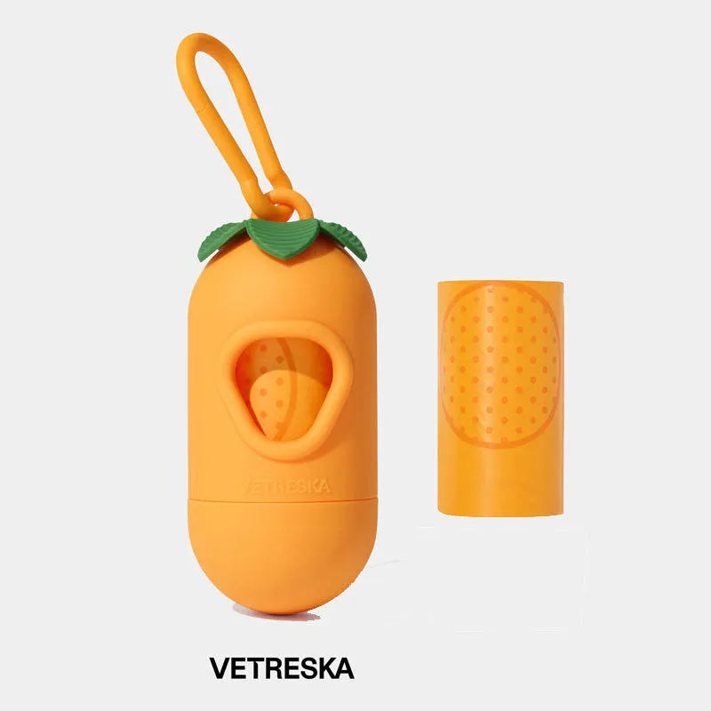 Dog poo bag dispenser capsule with strawberry pattern and roll of 15 biodegradable scented bags