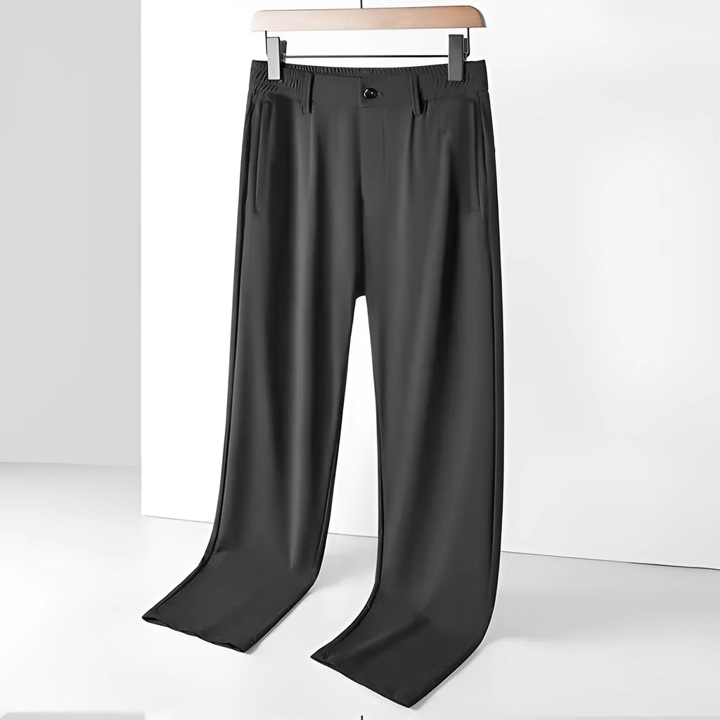 Men's ice silk trousers in black with loose straight cut and elastic waistband