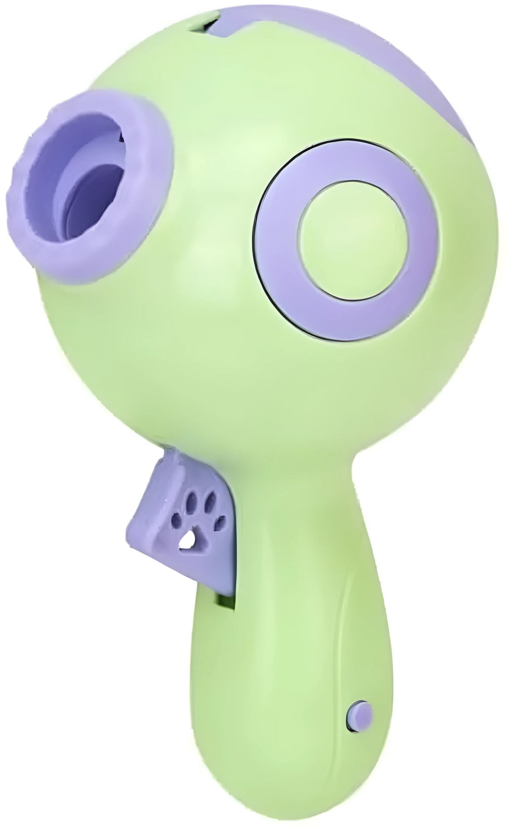 Green, orange and pink dog treat launcher toy for interactive training and slow feeding