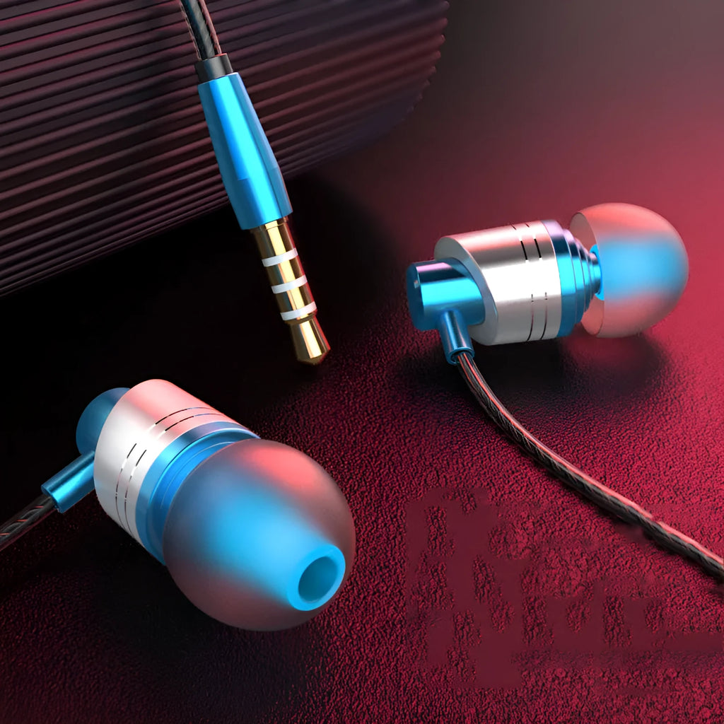 Wired in-ear headphones with 3.5mm plug, microphone on cable, available in black, blue or red