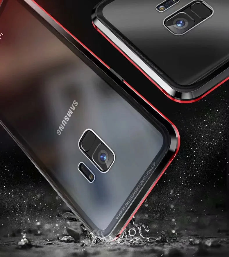 Black clamshell anti-peeping magnetic phone case for Samsung Galaxy phone shown open and closed