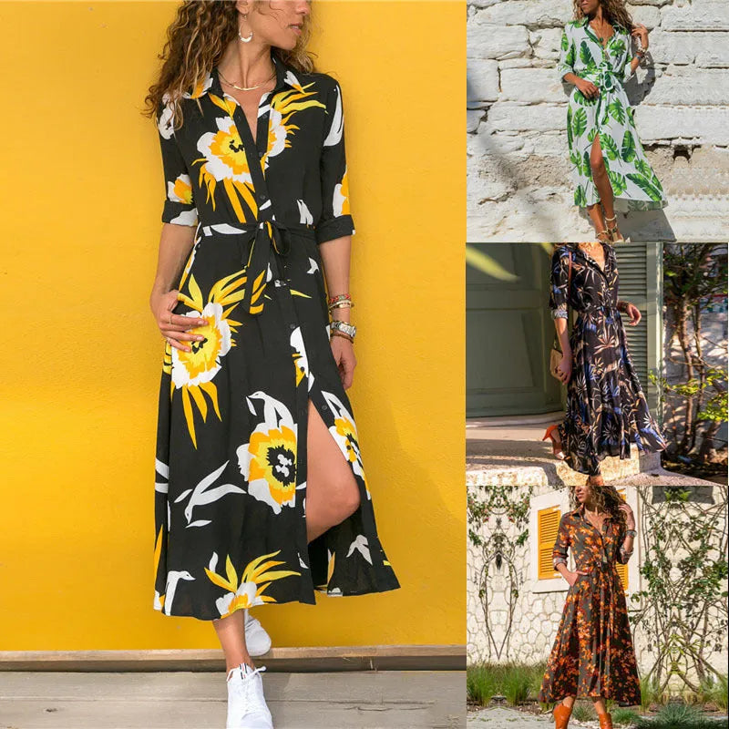 Madrid Vintage Chiffon A-line dress with V-neck collar and long sleeves in a printed pattern.