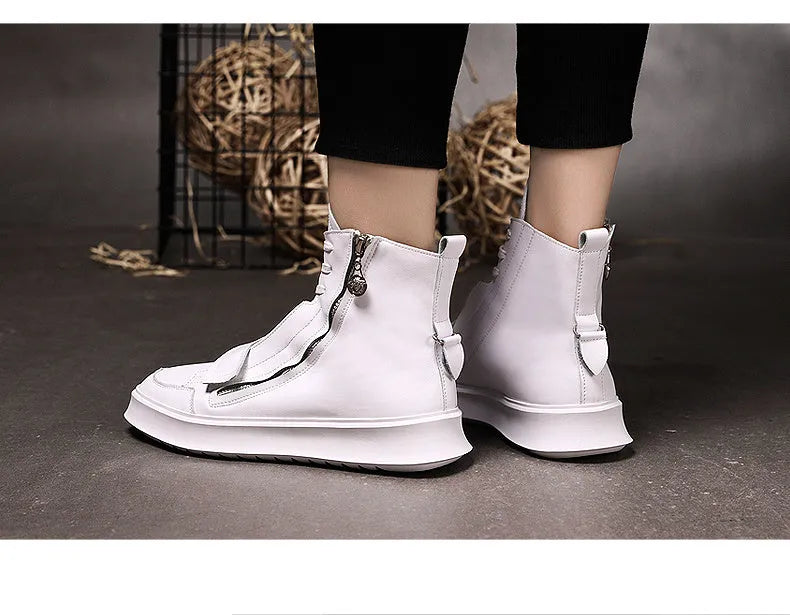 Men's black and white high-top winter ankle boots made from PU leather and microfiber.