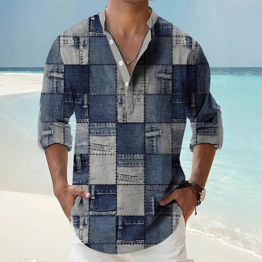 Thin striped Hawaiian long sleeve shirt in polyester fabric on hanger
