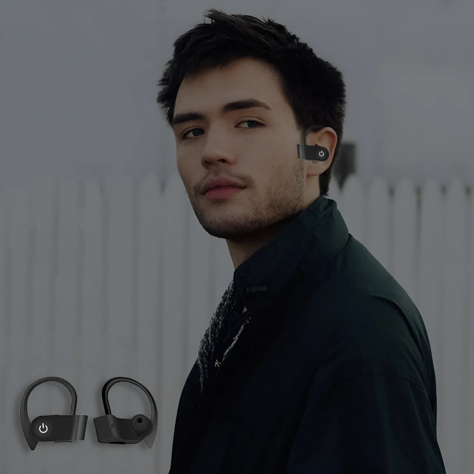 Black, grey, and red wireless Bluetooth earphones with ergonomic design and charging case.