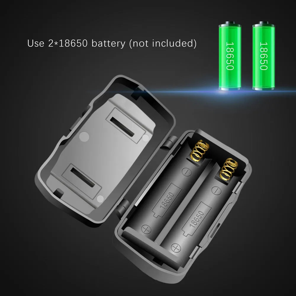 T6 LED headlamp showing white red green light modes with zoomable lens and USB charger