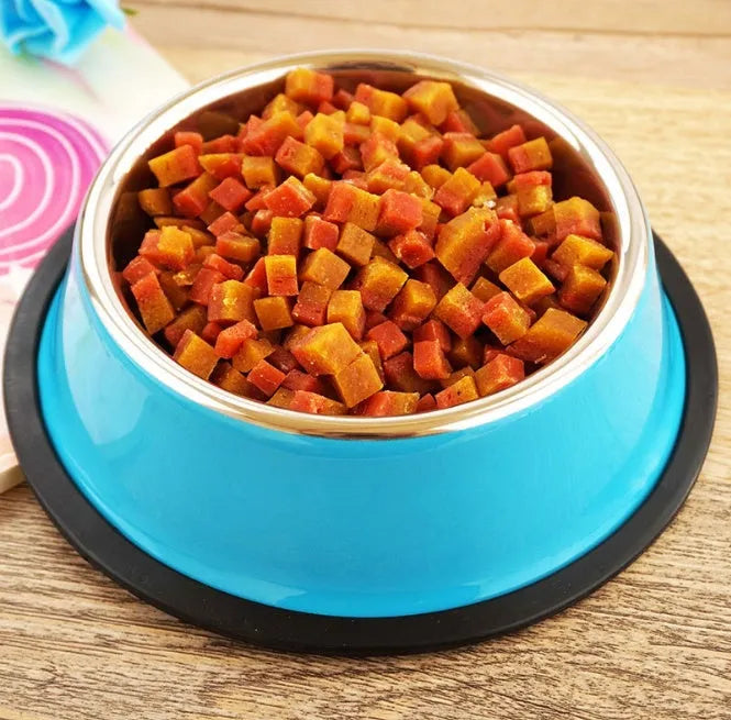 Colourful stainless steel pet bowl with non-slip rubber base available in multiple sizes