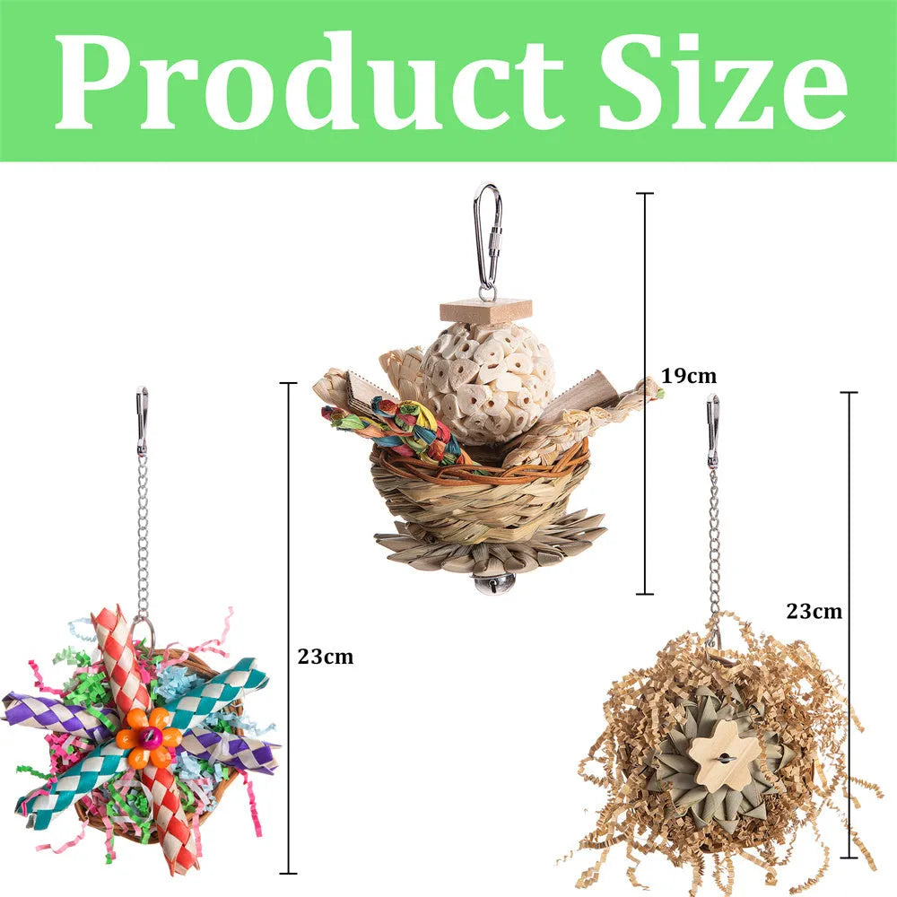 Parrot gnawing molar chew toy set with three wooden pieces of different weights for bird beak care