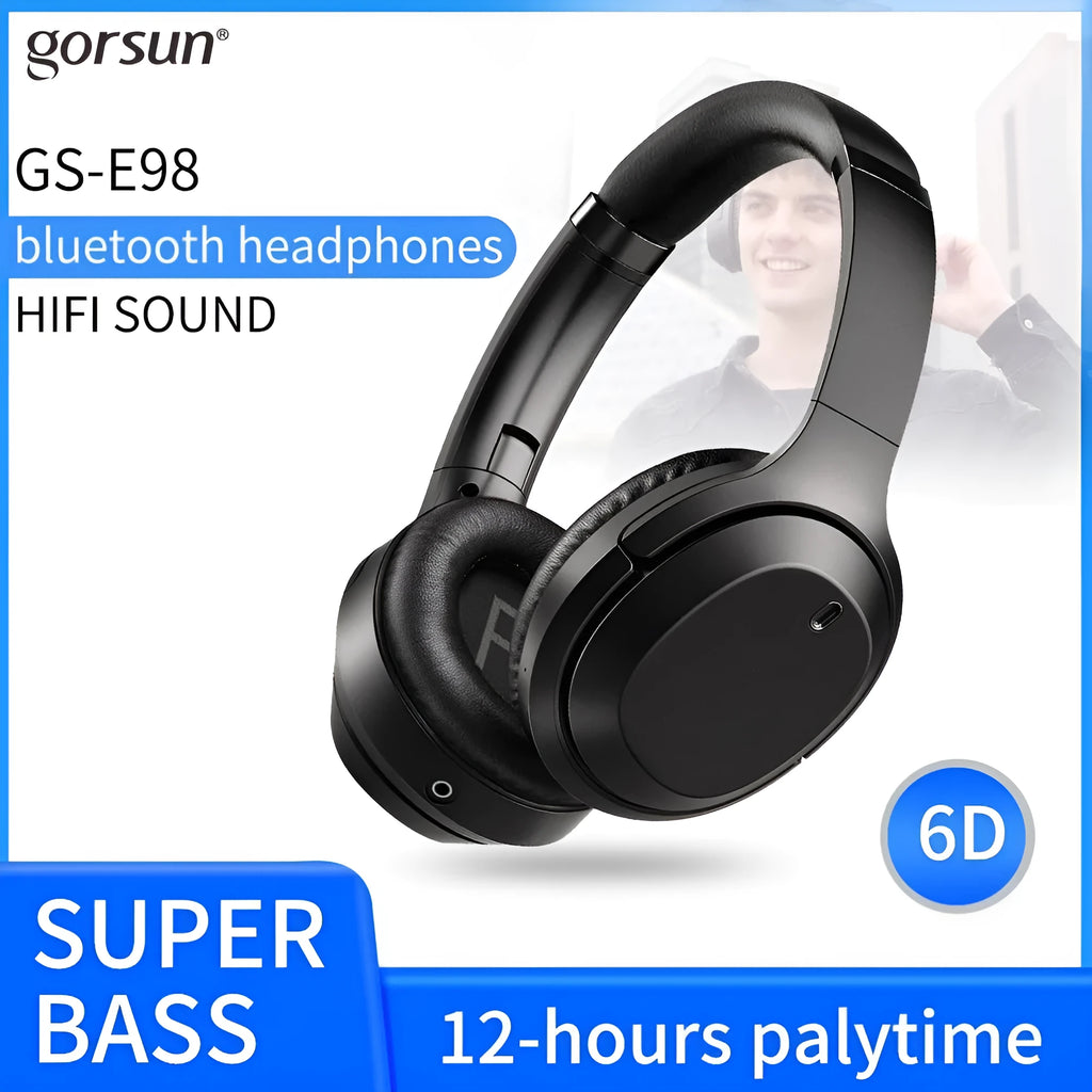 Black Gorsun E98 wireless over-ear Bluetooth headphones with memory-protein ear cushions