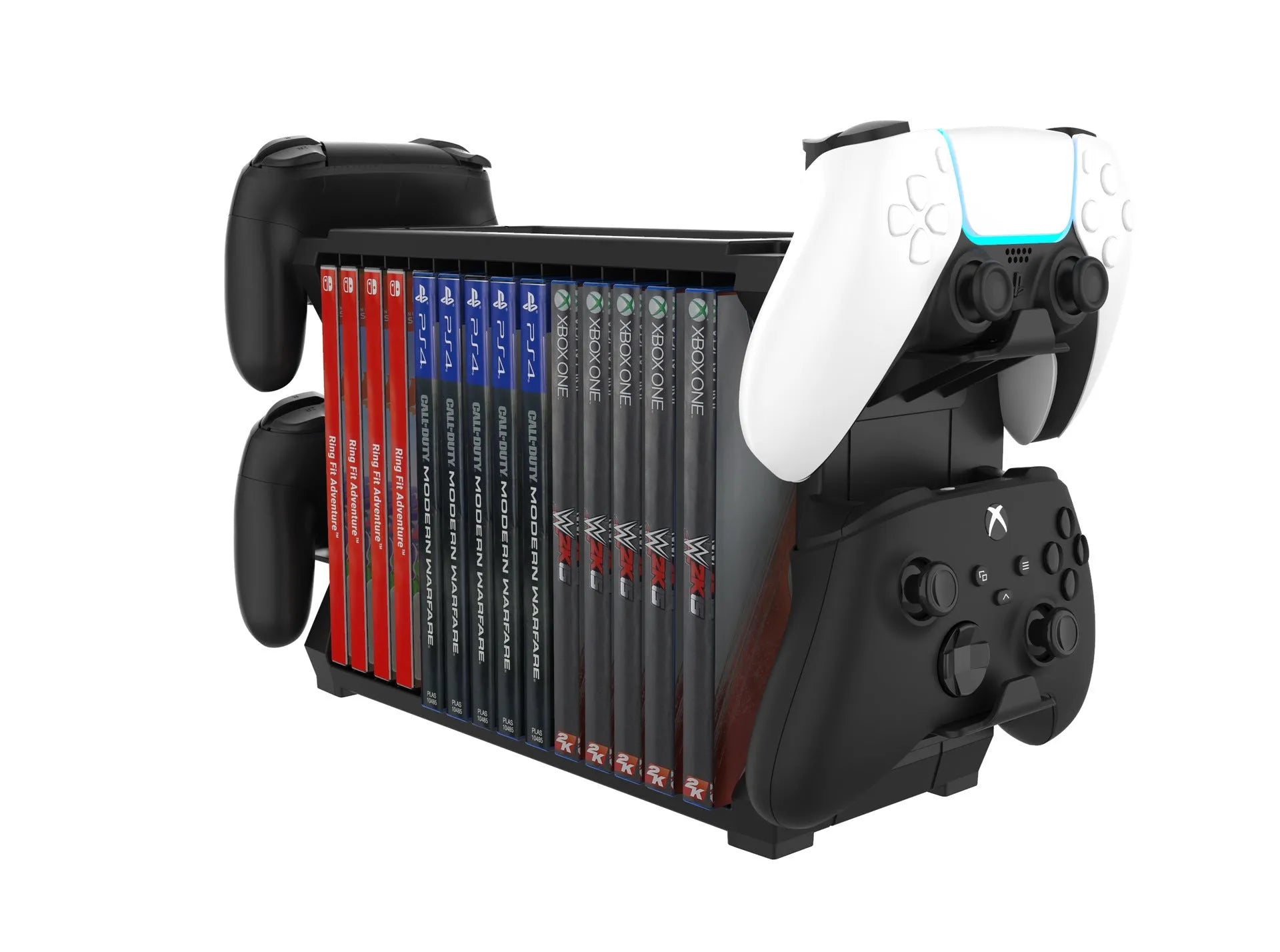 Black PS5 disc holder storing game cases and four controllers for multiple gaming consoles