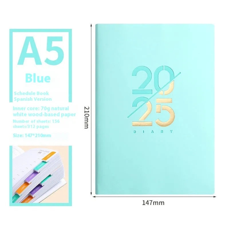 A5 daily planner with soft faux leather cover open to show dot grid pages