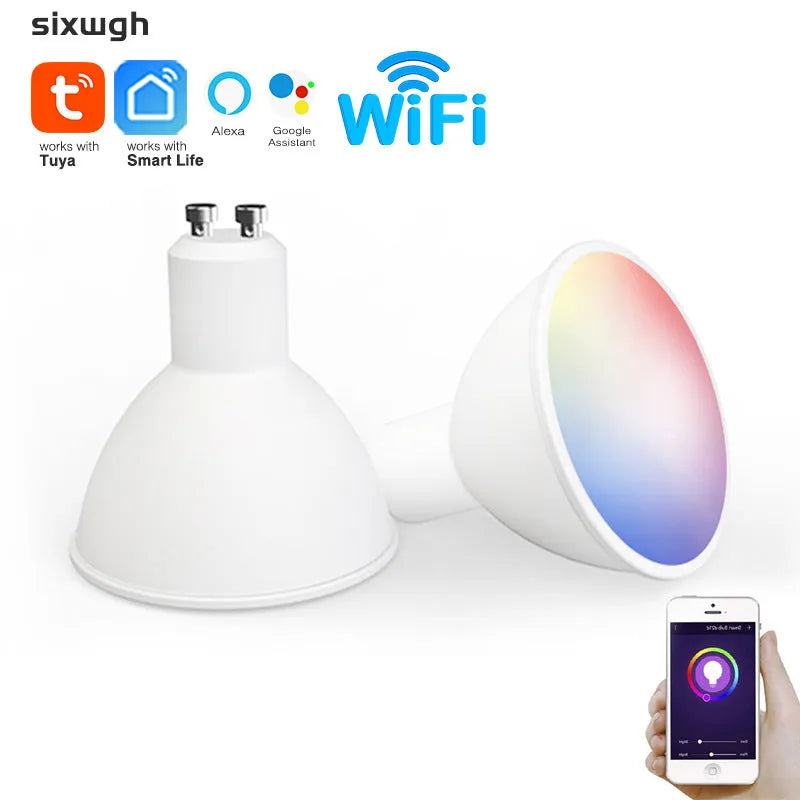 Smart GU10 LED spotlight bulb with RGBCCT colour adjustment and wifi connectivity for voice control