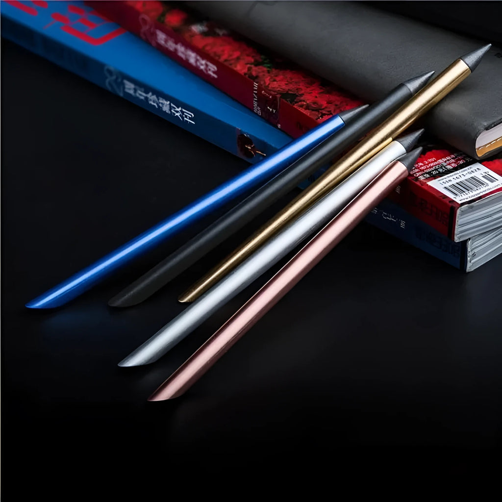 Inkless metal pen with alloy steel nib in black, blue, gold, rose gold, and silver colours