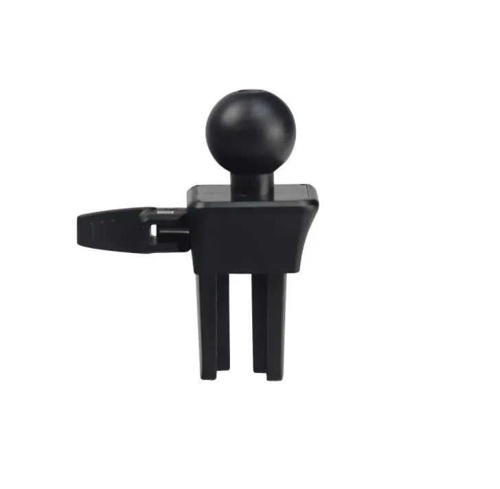 Black car air vent mobile phone holder attached to air conditioning outlet holding smartphone