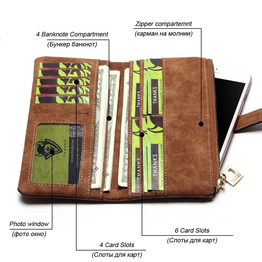 Women's long retro matte Pu leather two-fold zip wallet in vintage style with card slots and coin purse