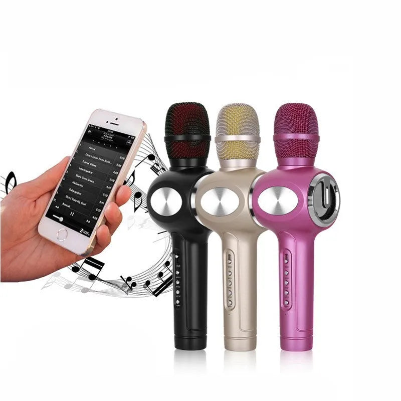 Yaerjia E108 mobile karaoke microphone in black, gold, or pink with built-in speaker